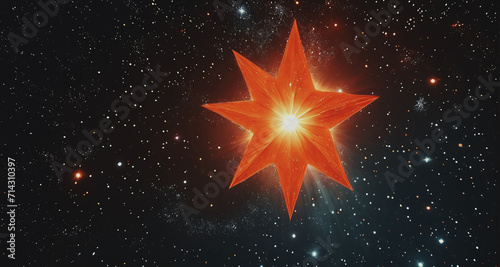 illustrazione di spazio cosmico con grande stella luminosa nei colori rosso arancio photo