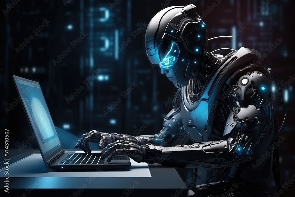 Cyborg woman typing on laptop computer in dark office, 3D render, automation office worker concept, humanoid ai robot working on laptop at office, robotic office job. Cyborg woman typing on laptop computer in dark office, 3D render, automation office worker concept, humanoid ai robot working on laptop at office, robotic office job.
