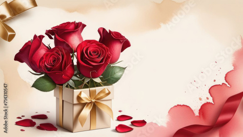 A bouquet of red roses in a gift box with a gold ribbon is on the table  next to it are rose petals. space for text. watercolor. greeting card concept