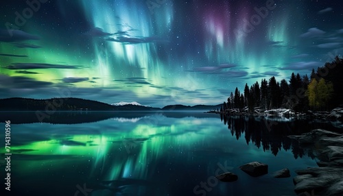 View of night sky with multicolored aurora borealis and mountain peak background. Night glows in vibrant aurora reflection on the lake with forest. 