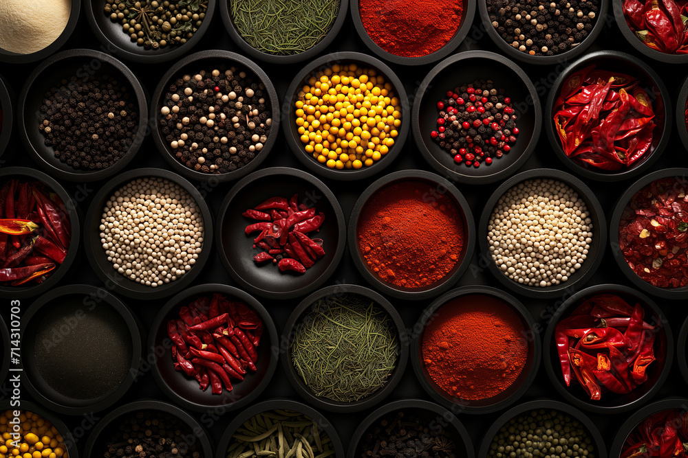 Assorted Spices in Bowls, Culinary Aromatics and Seasonings Top View Assorted Spices in Bowls, Culinary Aromatics and Seasonings Top View