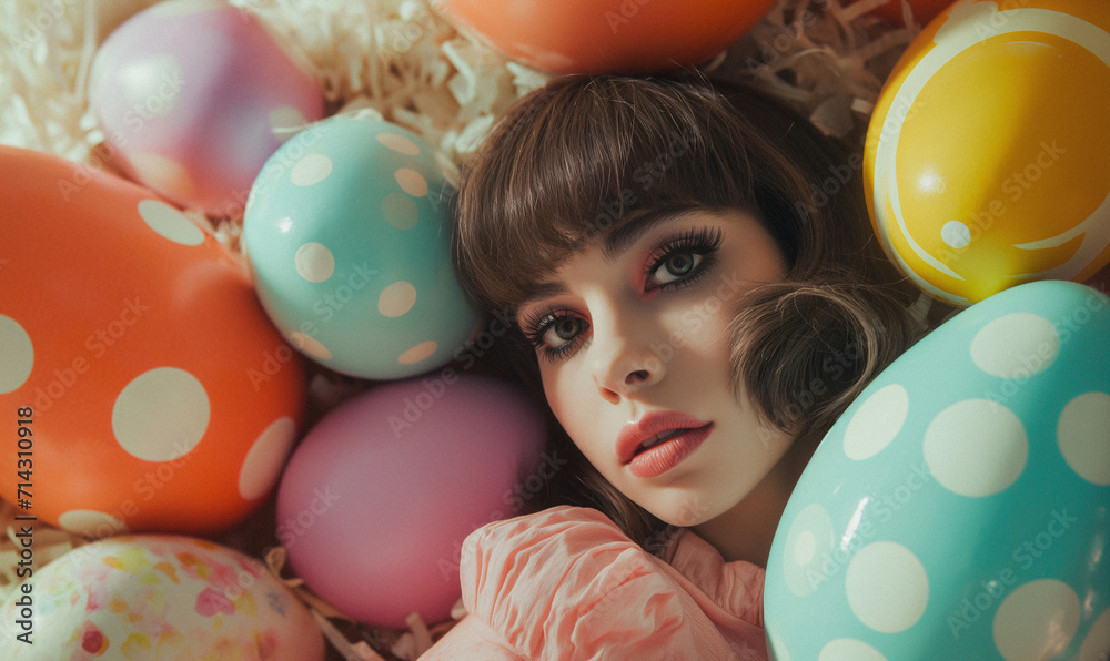 Obraz premium Easter retro poster, woman in Easter eggs