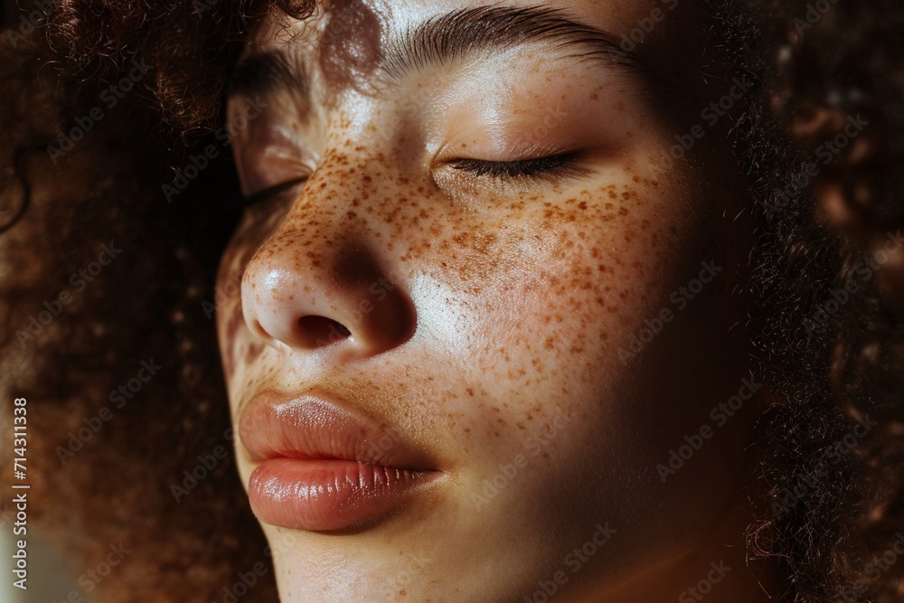 Close up of freckles on mixed race woman with her eyes closed