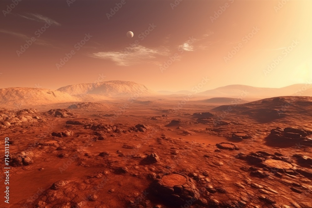 Sunset panorama of rocky Martian landscape with craters.