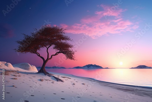 Lonely tree on white island with huge moon on pink sunset beach