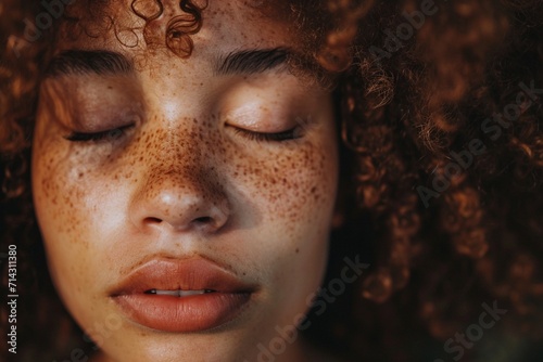 Close up of freckles on mixed race woman with her eyes closed