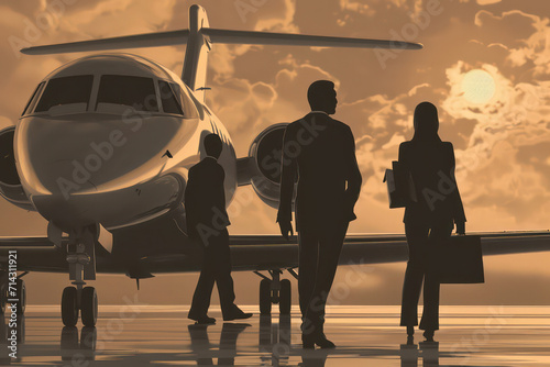silhouettes of business people in front of an airplane