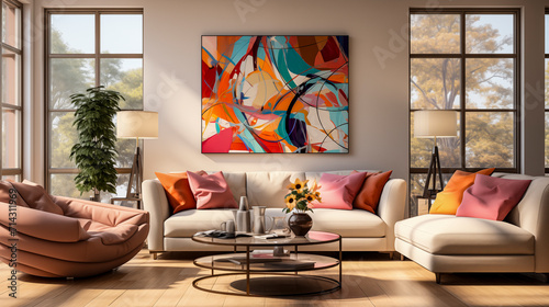 Image of an Abstract Art Wall Painting Hanging in a Living Room, on a Sunny Day