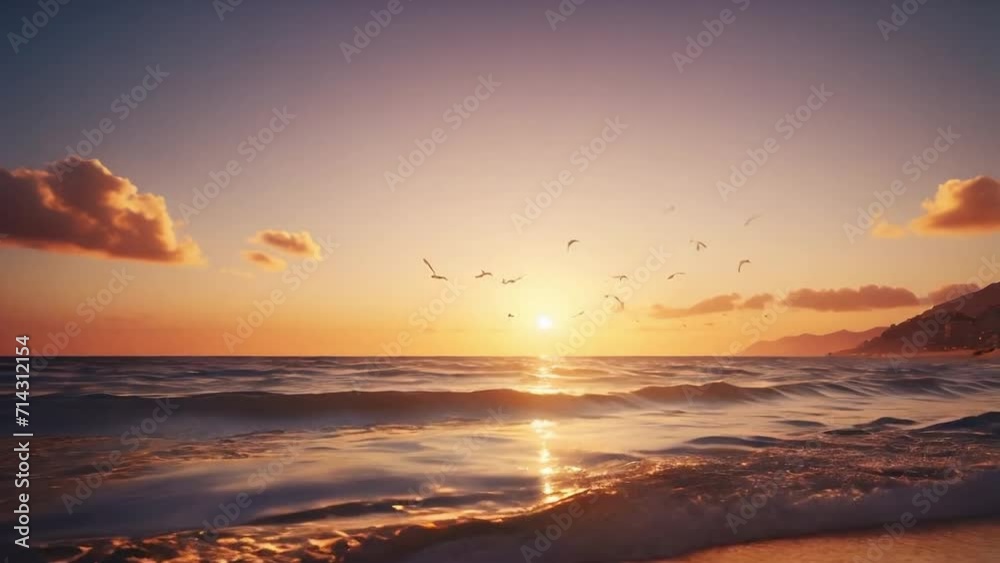Paradise beach at sunset. Sandy beach and sea at golden hour. Vacation background. AI generated loop Paradise beach at sunset. Sandy beach and sea at golden hour. Vacation background. AI generated loop