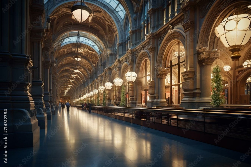 An exquisite interior with mesmerizing lighting and lavish walls at a stunning train station architecture in a European city night. Generative AI