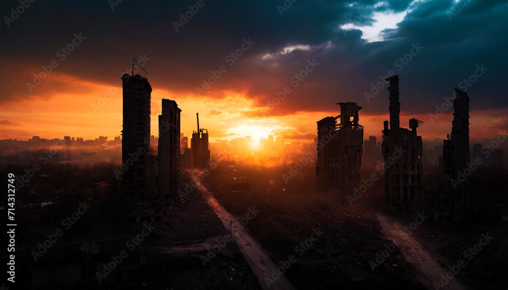 Obraz premium destroyed city with a beautiful sunset, future, dark
