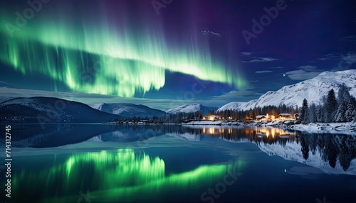 View of night sky with multicolored aurora borealis and mountain peak background. Night glows in vibrant aurora reflection on the lake with forest. 