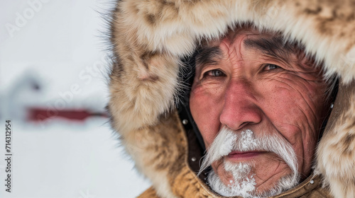 Inuit elder with thoughtful gaze, his face weathered by elements, partially obscured by fur hood against blurred snowy landscape. photo