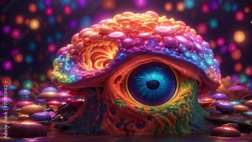 Psychedelic alien big-eyed creation covered in coral mushrooms, colorful background, 3D Rendering