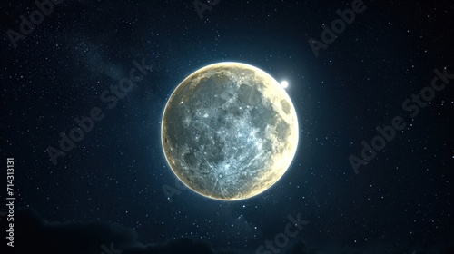  an image of a full moon in the night sky with stars on the side of the moon and a bright light shining on the moon in the middle of the night sky.