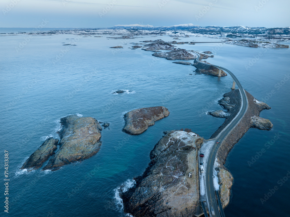 The Atlantic Ocean Road with Storseisundet Bridge in winter (Nordmore, Norway).