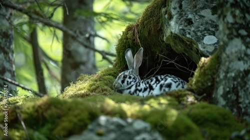  a rabbit is sitting in the middle of a mossy area next to a tree and a mossy area is covered in licheny lichen and moss.