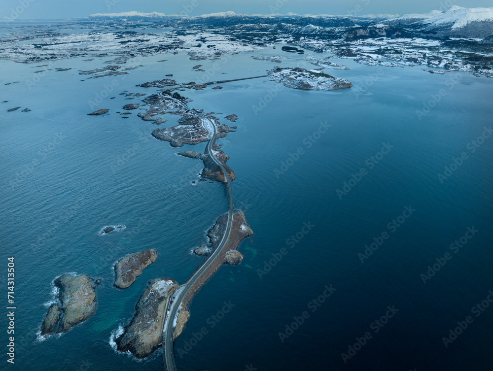 The Atlantic Ocean Road with Storseisundet Bridge in winter (Nordmore, Norway).