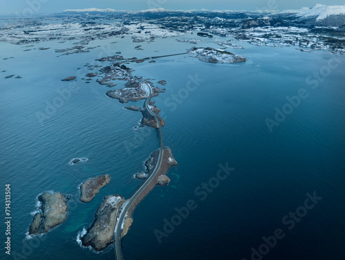 Obraz na płótnie The Atlantic Ocean Road with Storseisundet Bridge in winter (Nordmore, Norway). w salonie
