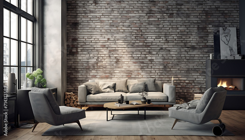 Modernes rustikales Wohnzimmer mit einem Sofa  photo