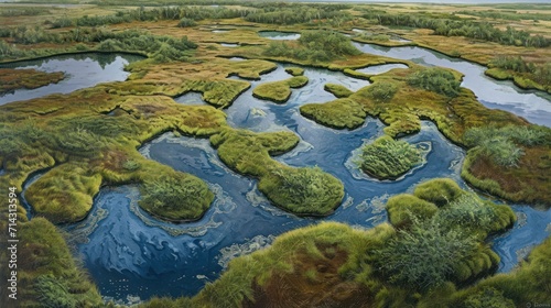  a painting of a river running through a lush green forest filled with lots of green plants and grass in the middle of the picture is a blue body of water.