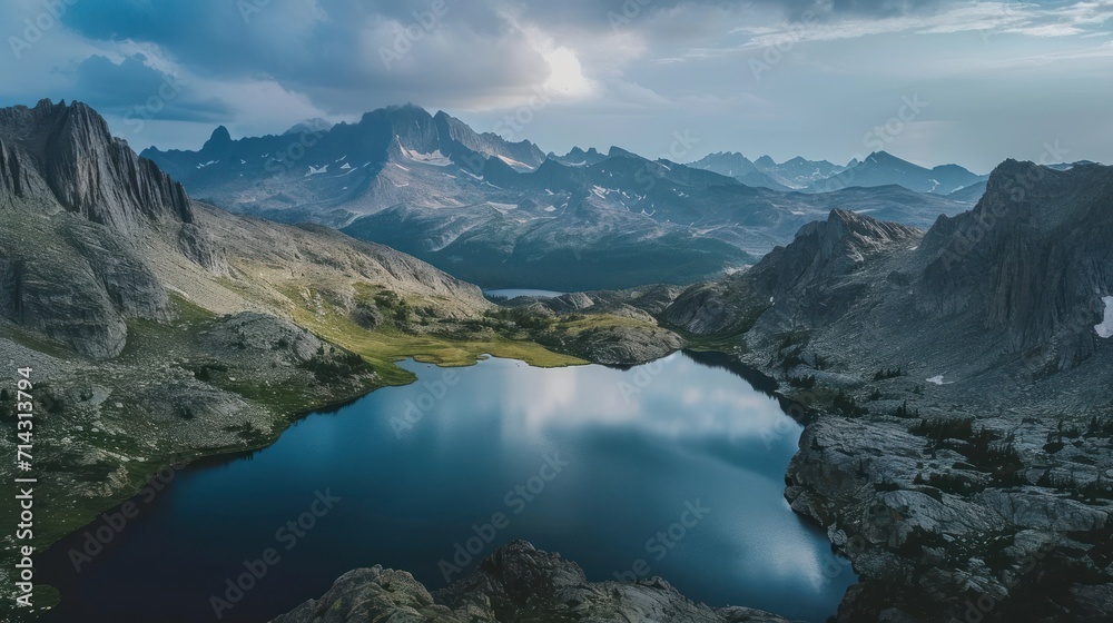 a lake in the middle of a mountain range with a mountain range in the background and a lake in the middle of the mountain range in the middle of the foreground.