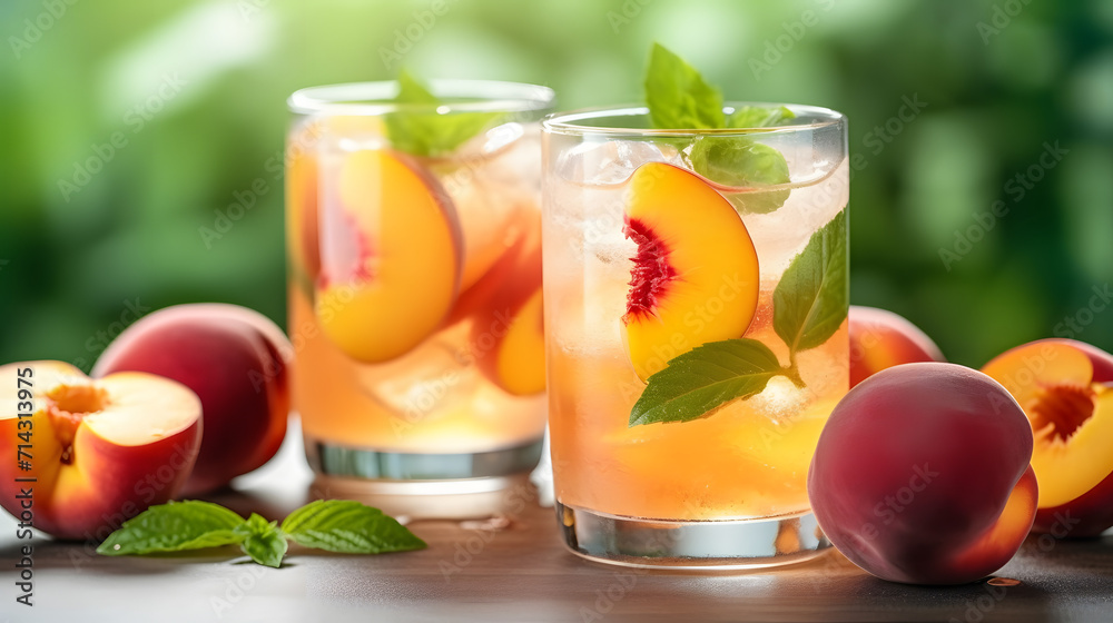 a close up of a drink in a glass on a table with peaches and mint on the side of the glass and a few pieces of fruit on the table. a close up of a drink in a glass on a table with peaches and mint on the side of the glass and a few pieces of fruit on the table.