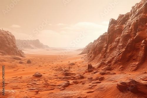 Rusty orange Martian landscape with cliffs and sand.