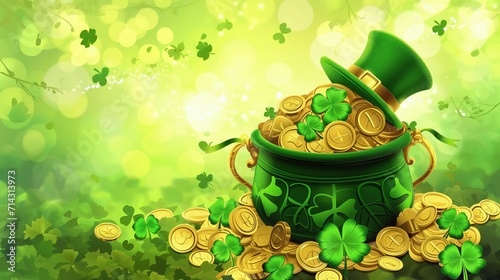 Pot of Gold Coins With Green Hat - Symbol of St. Patricks Day Luck