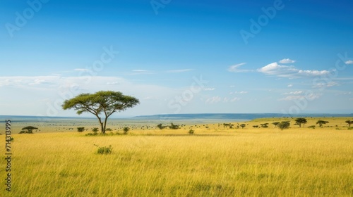  a large grassy field with a single tree in the middle of it and other animals in the distance in the distance in the distance is a blue sky with a few clouds.