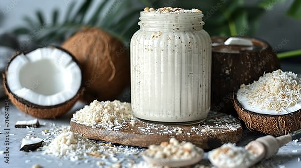 A glass with coconut milk strewn with flakes on a wooden surface surrounded by coconut and palm leaves sprinkled with coconut flakes. Concept: vegan products and cosmetics
A glass with coconut milk strewn with flakes on a wooden surface surrounded by coconut and palm leaves sprinkled with coconut flakes. Concept: vegan products and cosmetics