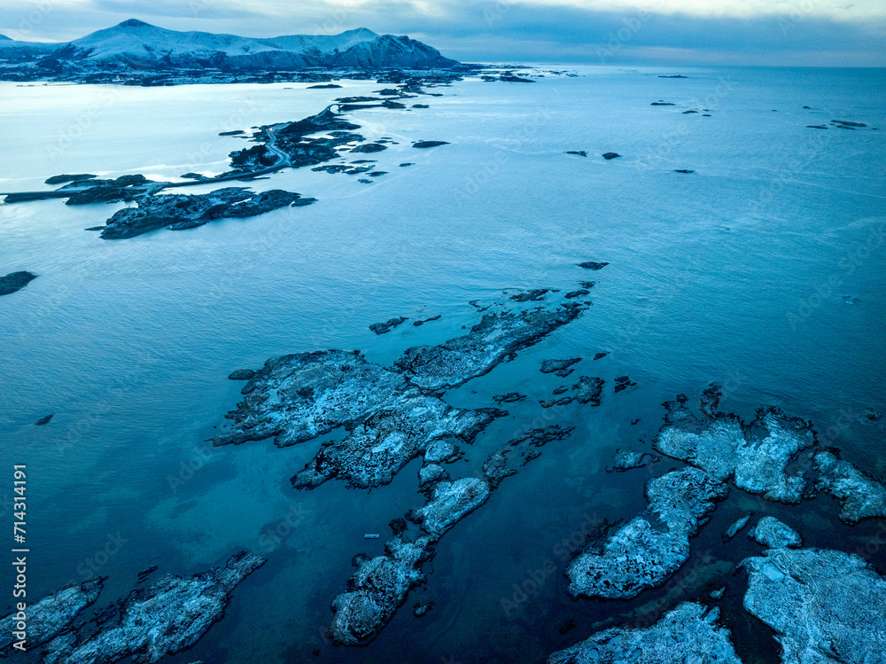 The Atlantic Ocean Road with Storseisundet Bridge in winter (Nordmore, Norway).
