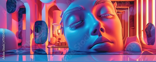 a large-format surreal image depicting a large, calm human face lying on its side among abstract shapes and bright neon lighting in a futuristic setting photo