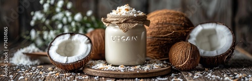 A glass with coconut milk strewn with flakes on a wooden surface surrounded by coconut and palm leaves sprinkled with coconut flakes. Concept: vegan products and cosmetics 