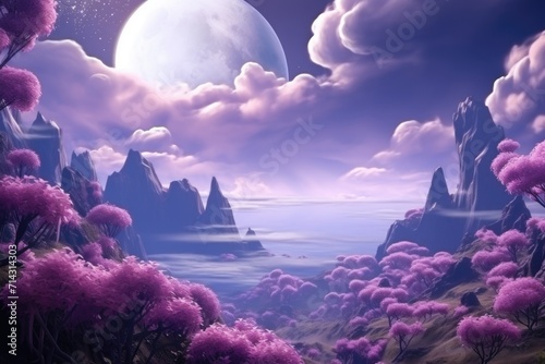 Lilac flowers in alien landscape with green sky and moon. photo