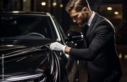 a man cleaning his automobile with a cloth