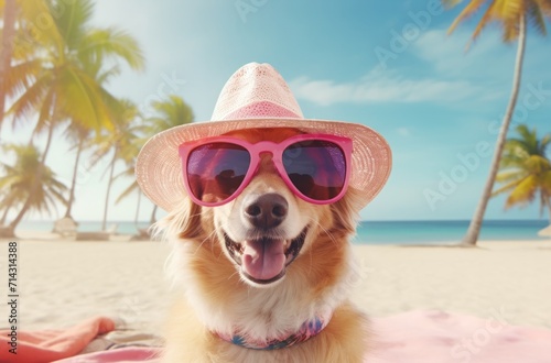 a dog wearing a pink hat and sunglasses on a beach