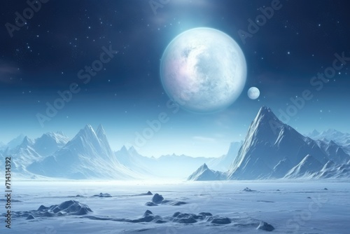 Distant icy planet with nebulae and two large moons