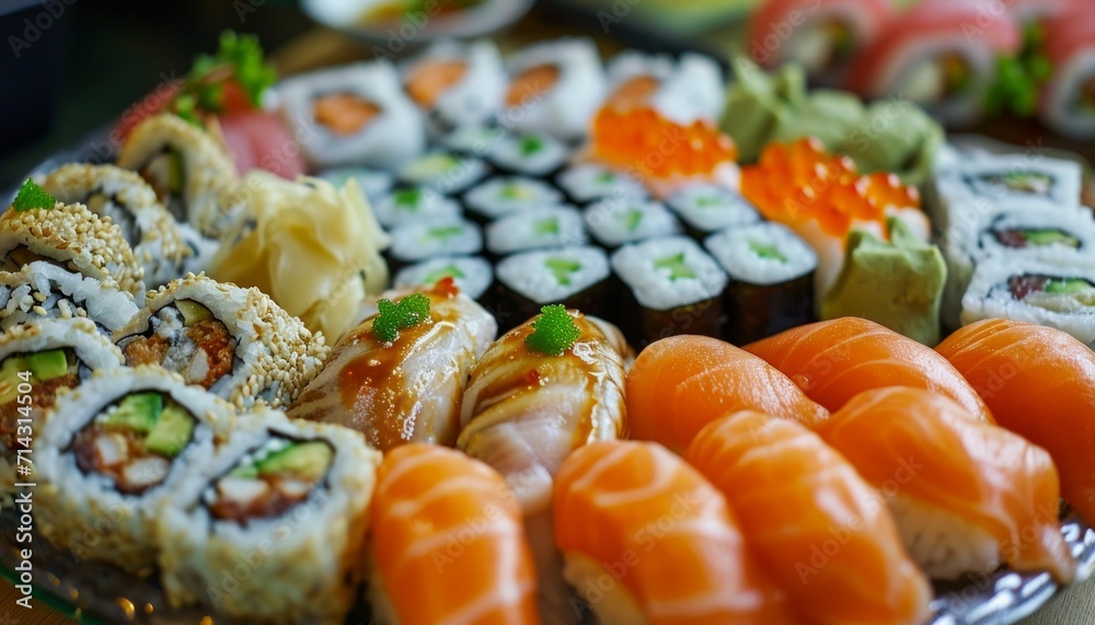 a plate full of sushi arranged in a way to suit the different tastes a plate full of sushi arranged in a way to suit the different tastes