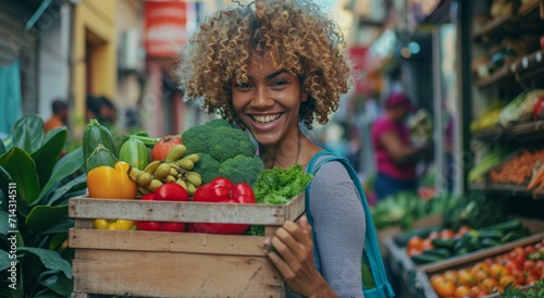 a frothy blonde smiles on city market street while carrying a large wooden bo...
