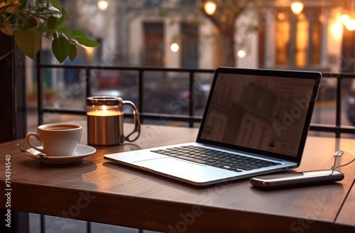 a laptop is set on a table next to coffee and other essential items