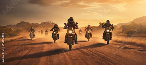 a group of motorcycle riders riding down a dirt road
