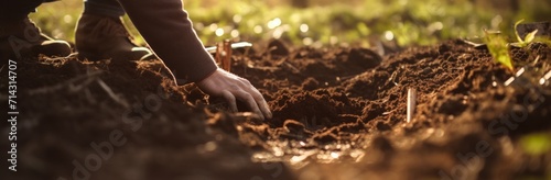 a hand digging into a ground is in focus at the edge of a clearing