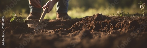 a hand digging into a ground is in focus at the edge of a clearing
