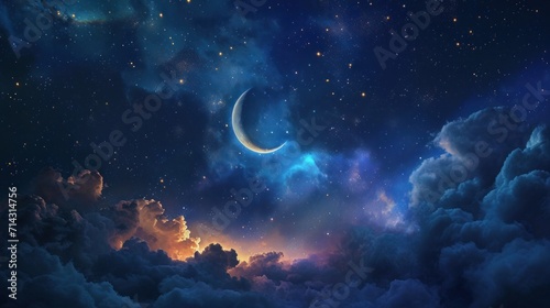  a night sky filled with clouds and a crescent in the middle of the night, with stars and a crescent in the middle of the night sky above the clouds. photo