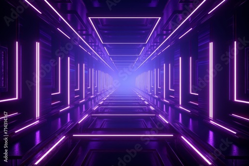 a long hallway with bright neon light and purple © olegganko