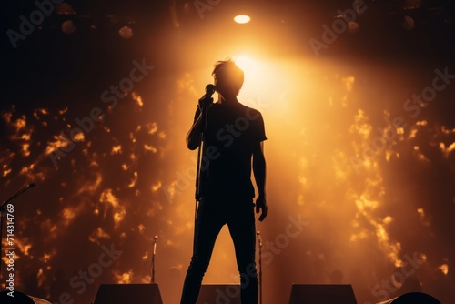 a guy standing in middle of the stage and singing with a microphone behind him