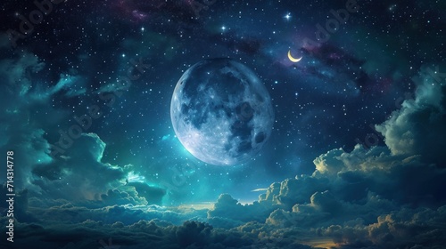  an image of a night sky with stars and a moon in the middle of the night  with clouds and stars in the sky  and the moon in the middle of the middle of the night.