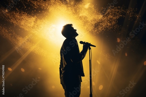 a guy standing in middle of the stage and singing with a microphone behind him