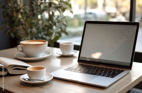 a laptop is set on a table next to coffee and other essential items